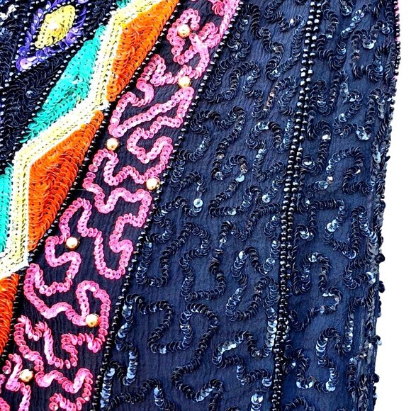 Black Beaded Dress 80s XS Together Silk Black Colorful - Picture 10 of 16